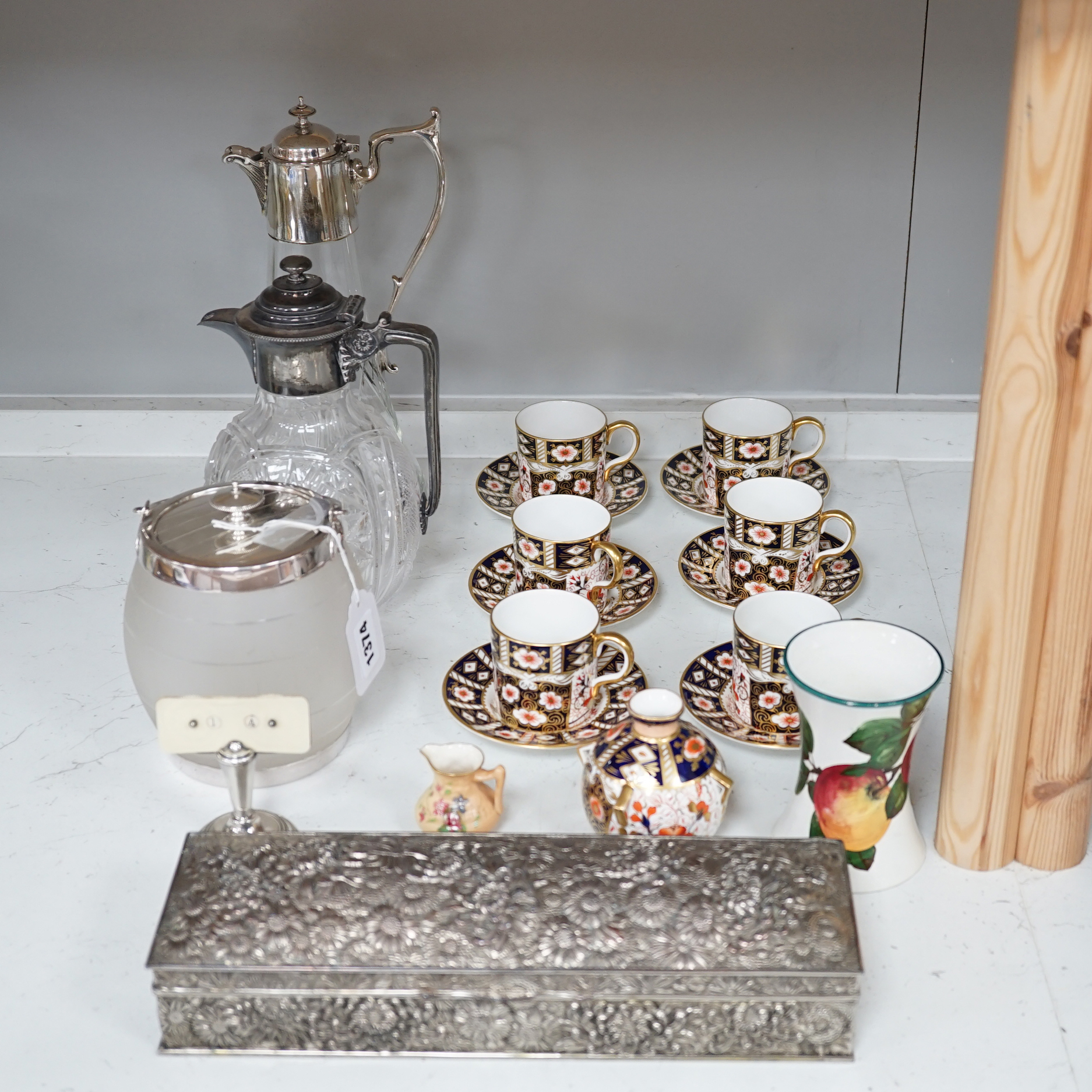 A quantity of items including two glass carafes, glass biscuit barrel, metal box, a Royal Crown Derby coffee set, etc (14)